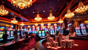 Haywin's vibrant casino scene with players at roulette tables and slot machines.