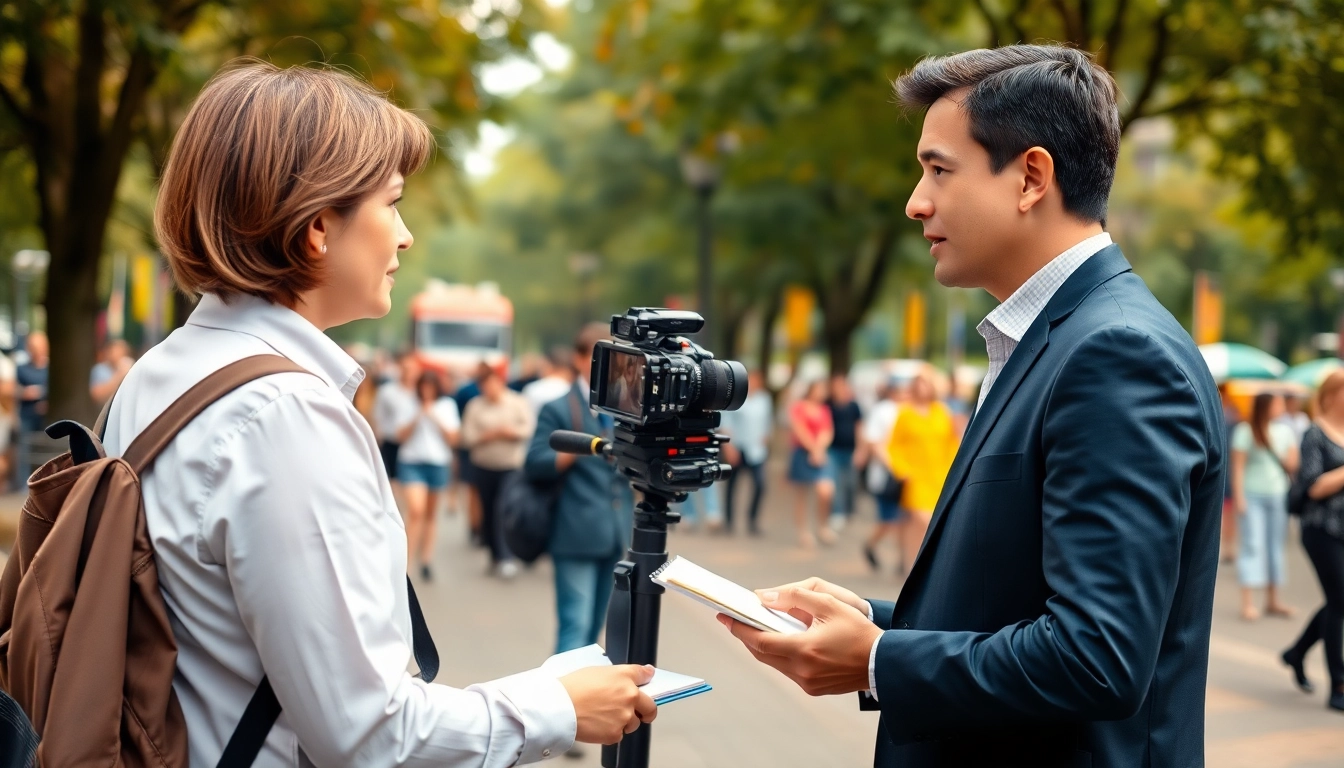 Engaging interview capturing Usa Today essence in a lively city park.