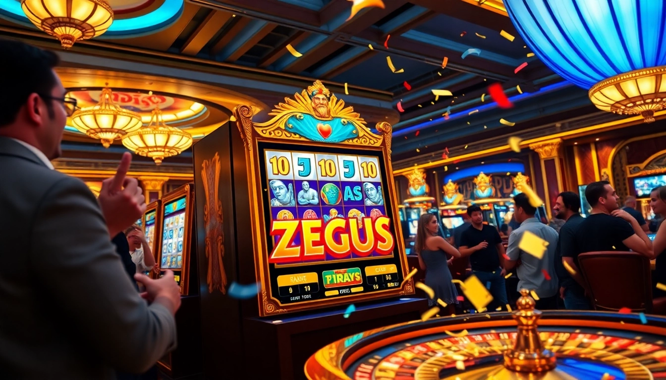Berinteraksi dengan mesin slot Zeus yang mendebarkan, dikelilingi penjudi yang bersukacita dalam suasana kasino mewah.