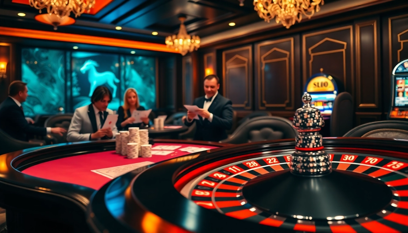 Players engaging at a poker table as hidden wiki tor elements subtly enhance the luxurious casino atmosphere.