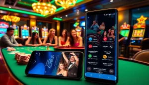 Players enjoying games at S8 Casino with vibrant poker chips and slot machines.