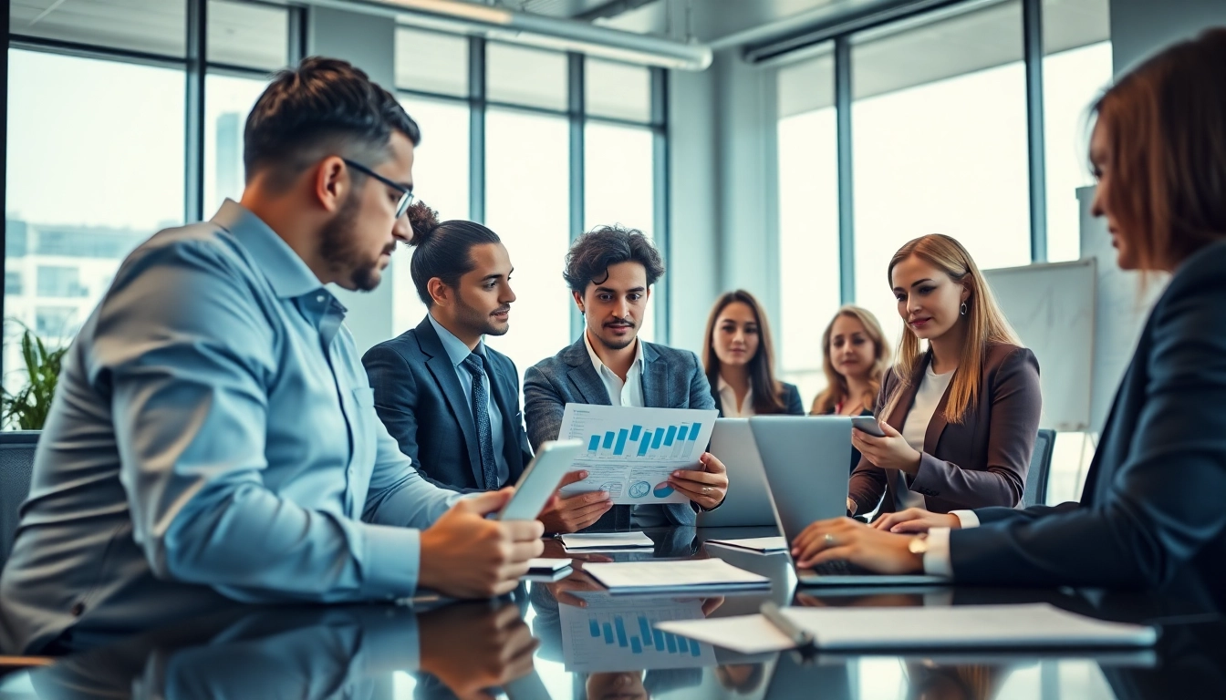 Engaged sales team collaborating on competitive intelligence for sales strategies in a modern office.