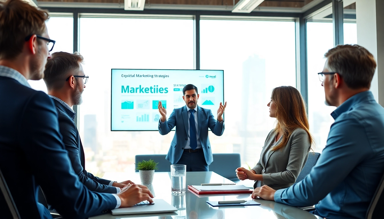 Marketing Consultant discussing strategies with clients in a modern office setting.