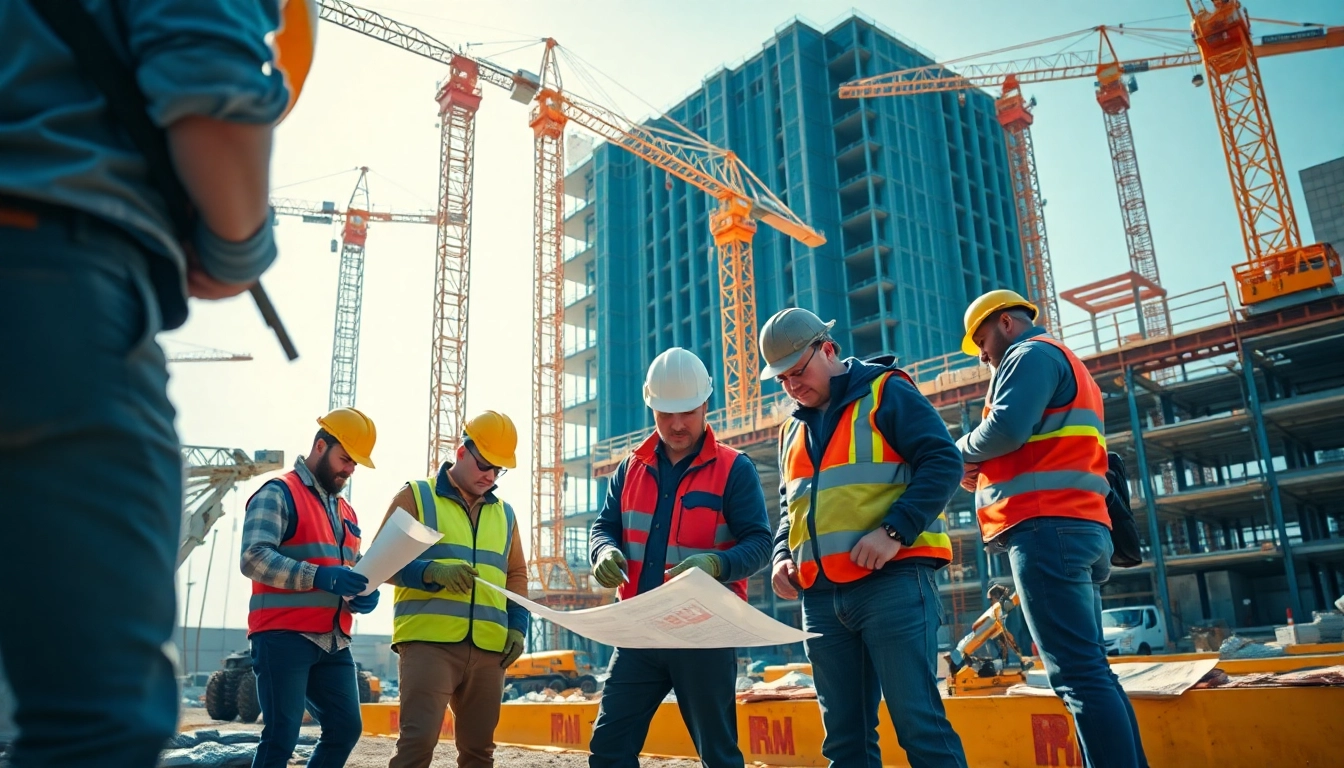 Construction workers collaboratively demonstrating careers in construction on an active job site.