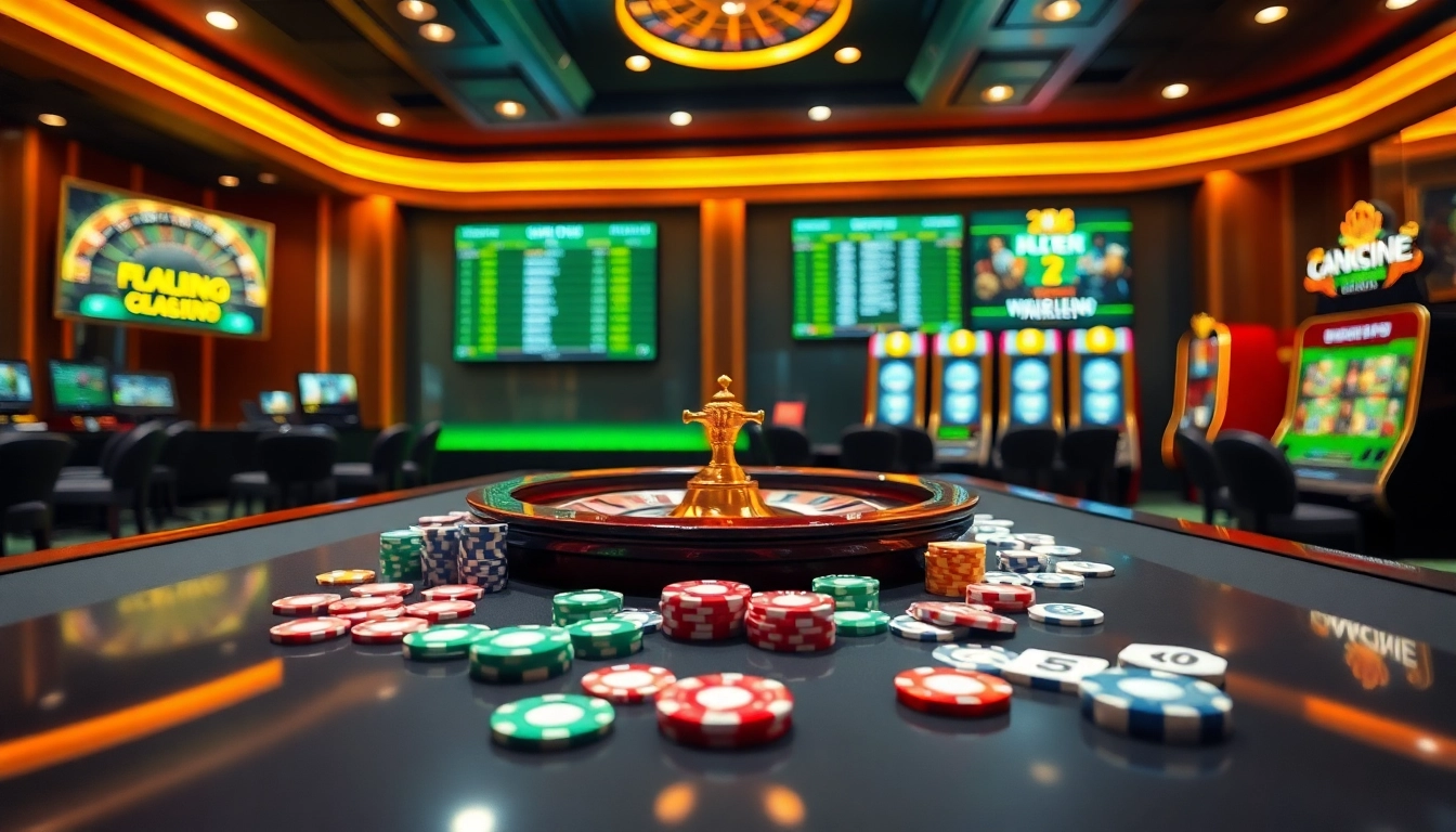 Engaging scene at okfun casino with vibrant chips, cards, and a roulette wheel, showcasing excitement in online gambling.