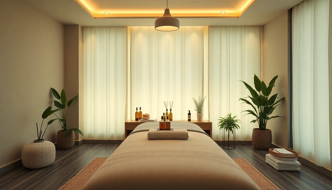 편안한 분위기의 조명과 차분한 장식이 있는 출장마사지 치료 공간.