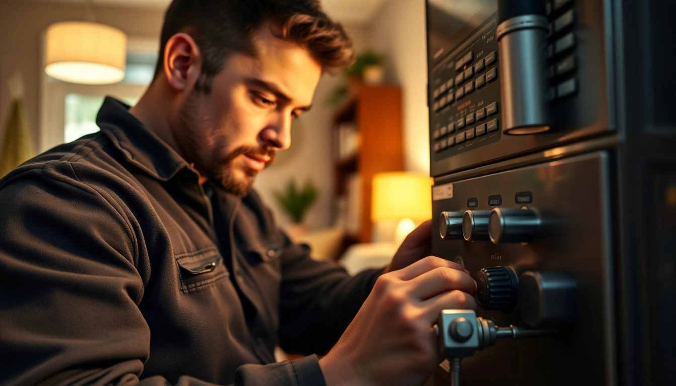 Gas furnace repair somers expert technician adjusting a furnace control panel in a home setting.