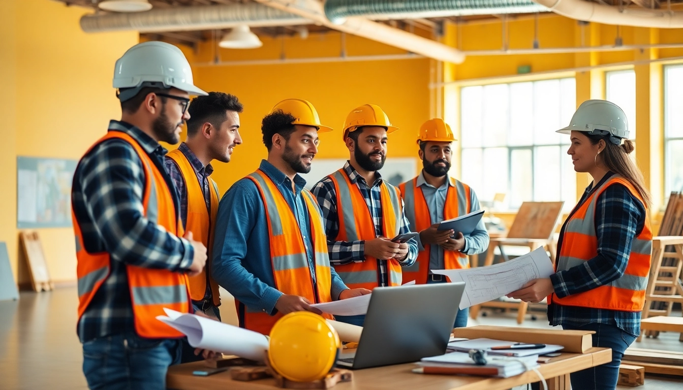 Demonstrates construction workforce development with professionals collaborating in training.