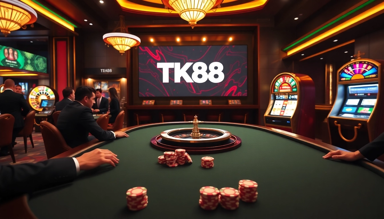 TK88 poker table with vibrant chips and roulette wheel, showcasing high-stakes action.