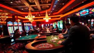 Players enjoying a thrilling round at 789club's luxurious casino tables with vibrant colors.