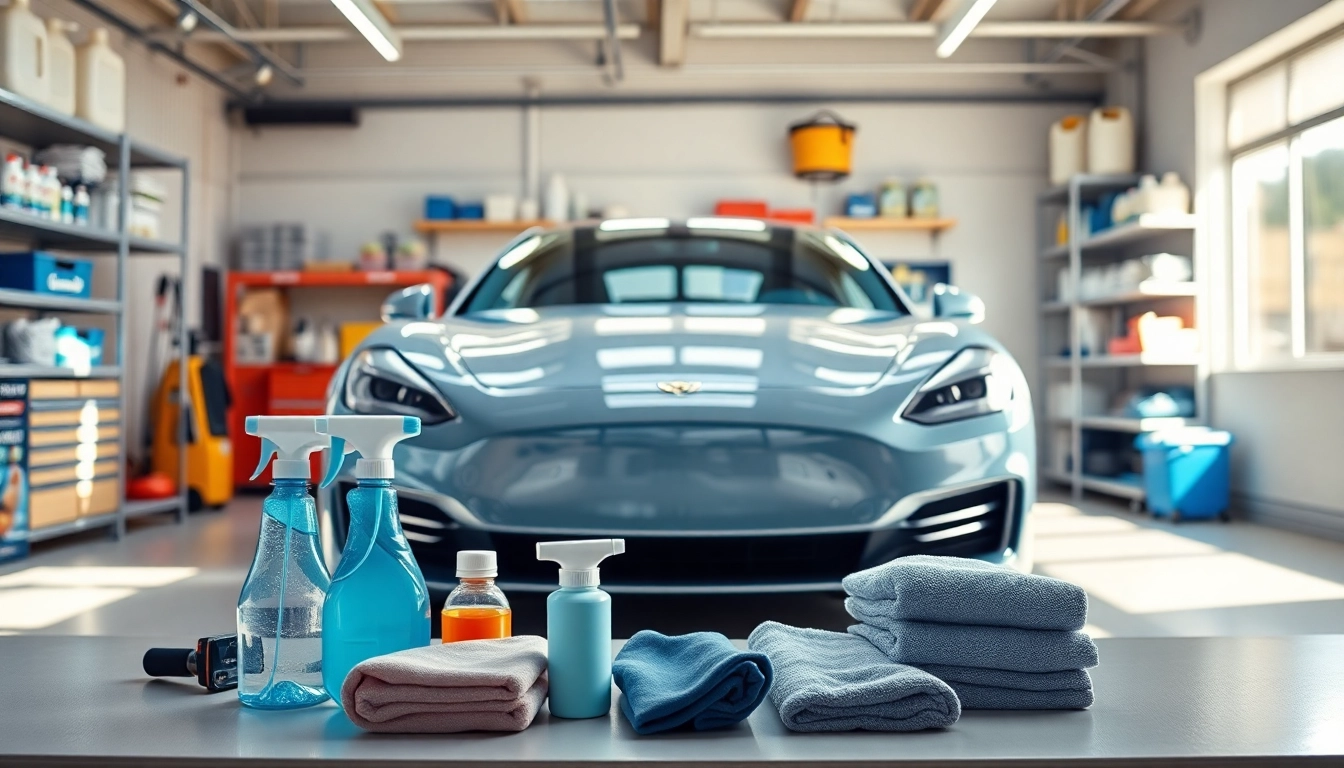 Experience expert car detailing Chattanooga services with a professional setup highlighting tools and a gleaming vehicle.