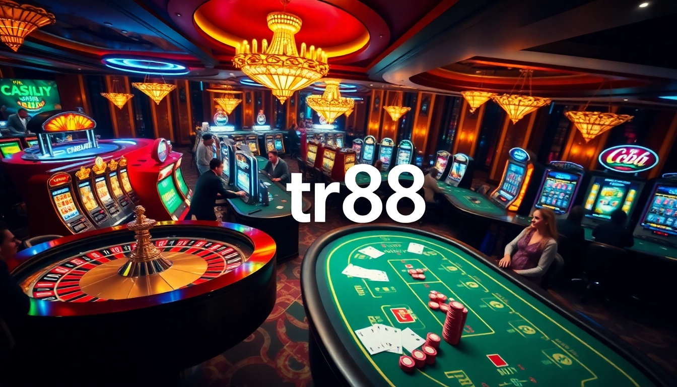 Experience the thrilling atmosphere of tr88 with players at a luxurious casino, engaging in high-stakes gambling.