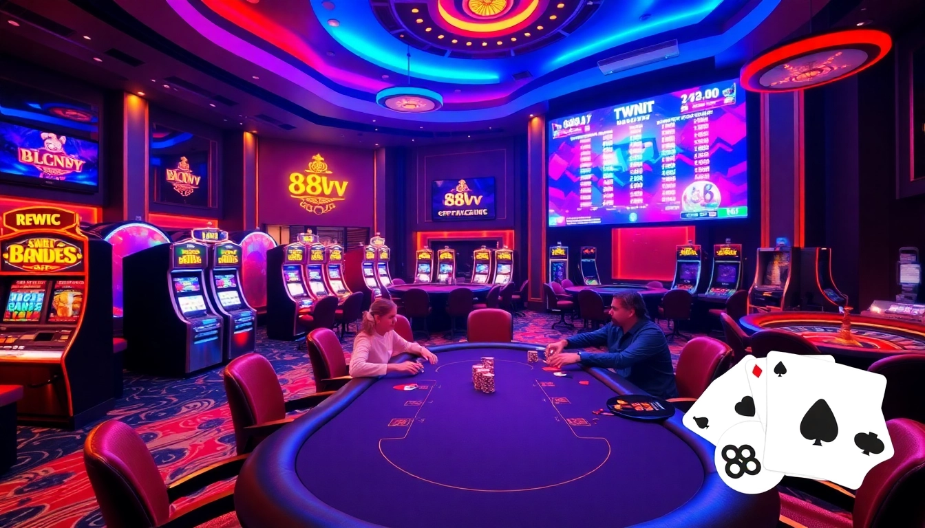 88vv poker players engaged in a high-stakes game amidst luxury casino elements.
