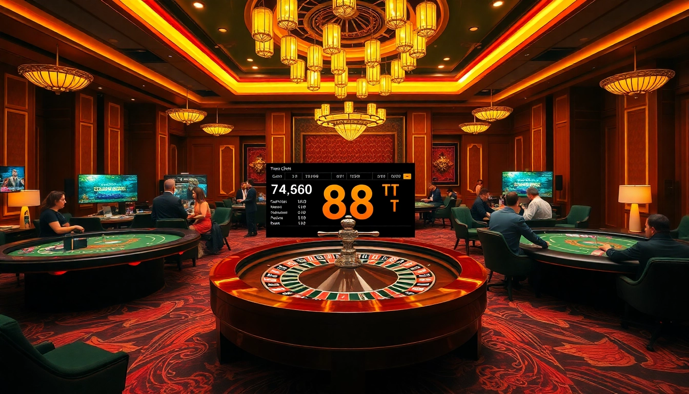 Experience excitement at trang chủ 88t in a luxurious casino setting with vibrant gaming tables and roulette wheels.