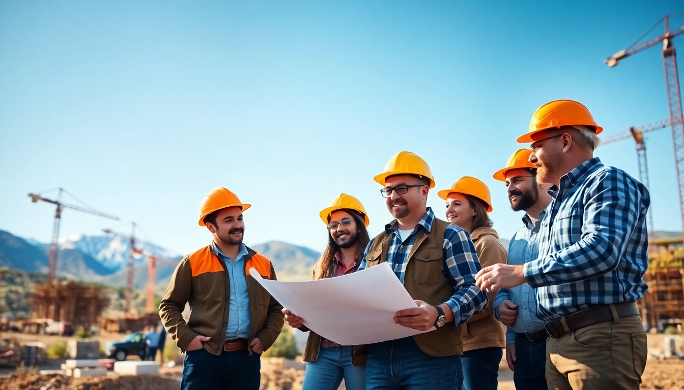 Construction association Colorado showcases professionals collaborating on-site in a scenic setting.