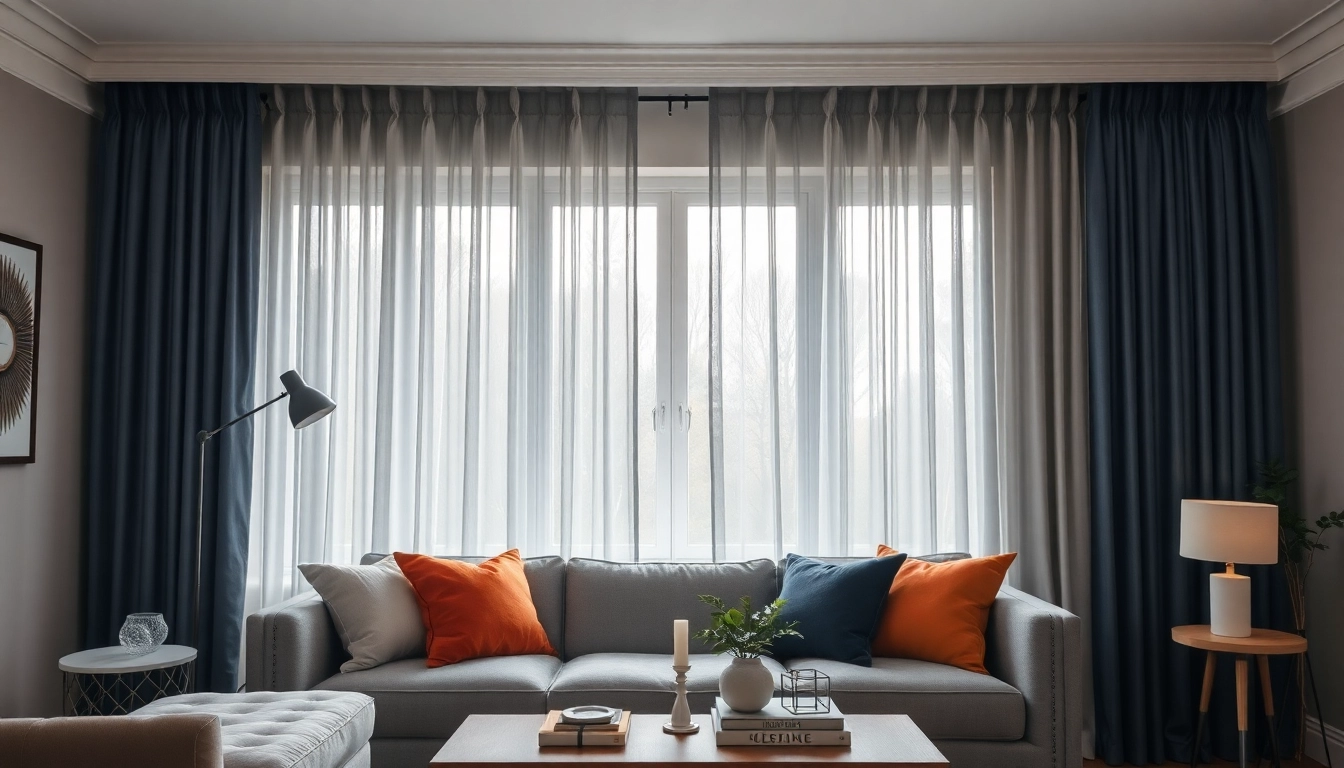 Verduisterende gordijnen in een stijlvolle woonkamer creëren een gezellige sfeer.