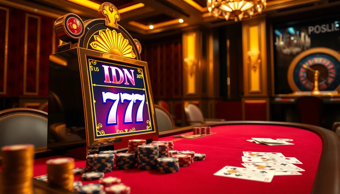 Engaged players enjoying the IDN Slot 777 experience at a luxurious casino with vibrant slot machines.