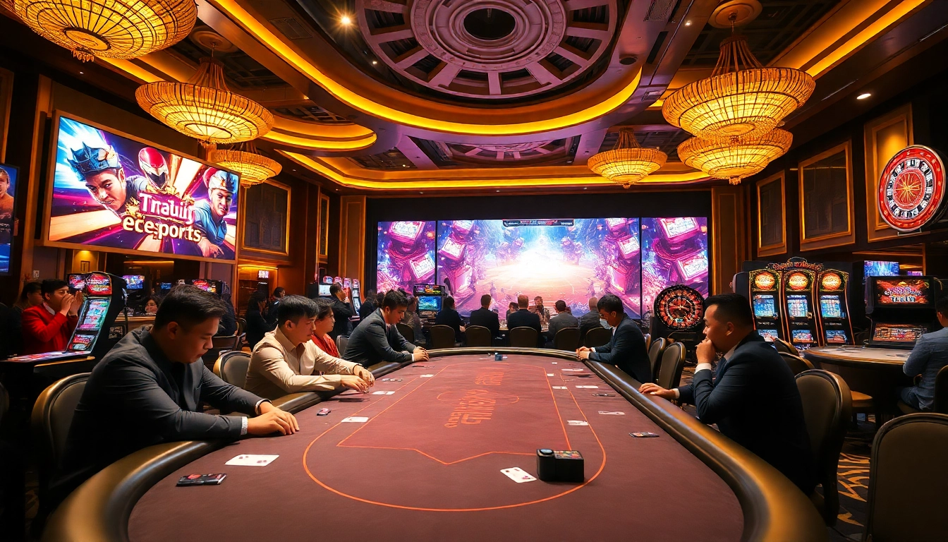 Experience the excitement of Trực tiếp esports at a luxurious casino, with poker players and vibrant screens.