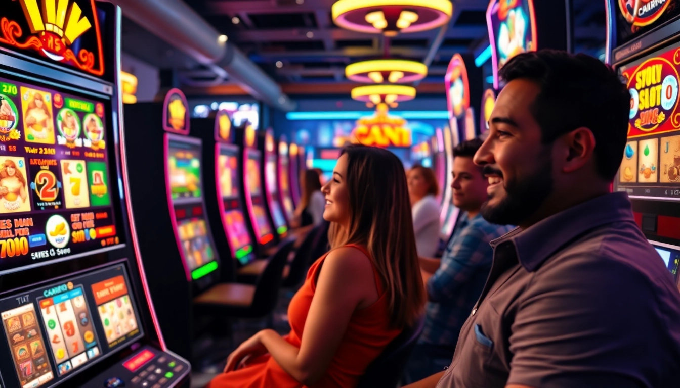 Permainan slot depo 1k dengan mesin cerah dan pemain antusias di arcade yang menarik.