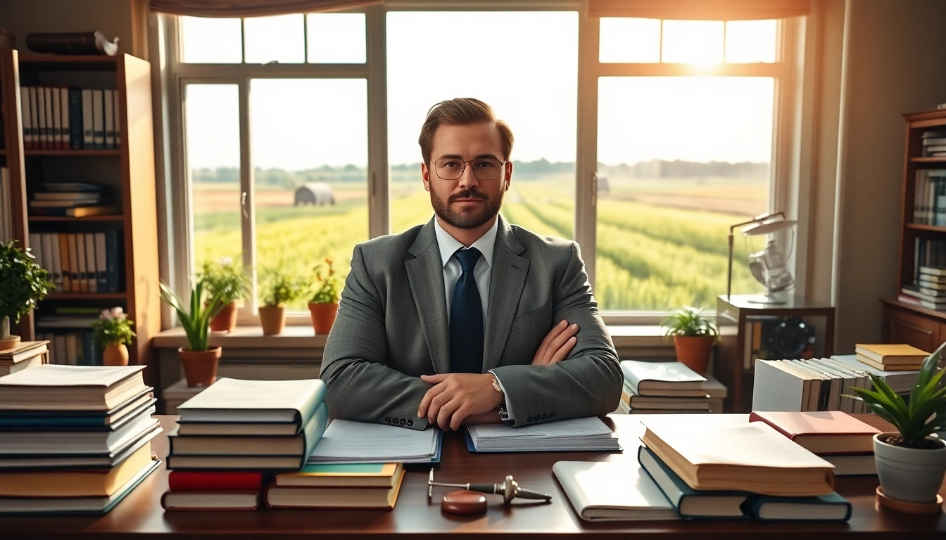 Consultation with an agriculture lawyer in a serene rural office showcasing expertise and professionalism.