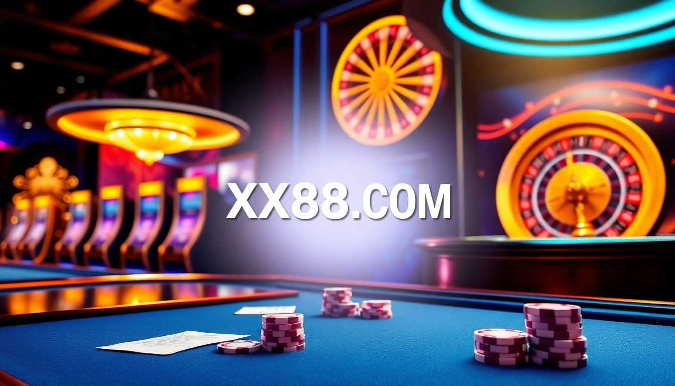 Experience thrilling gaming action at XX88 COM with vibrant casino elements and luxury atmosphere.