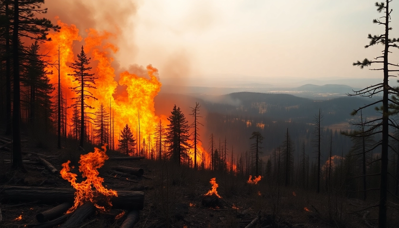 Capturing wildfire events showcasing flames and smoke impacting the forest landscape.