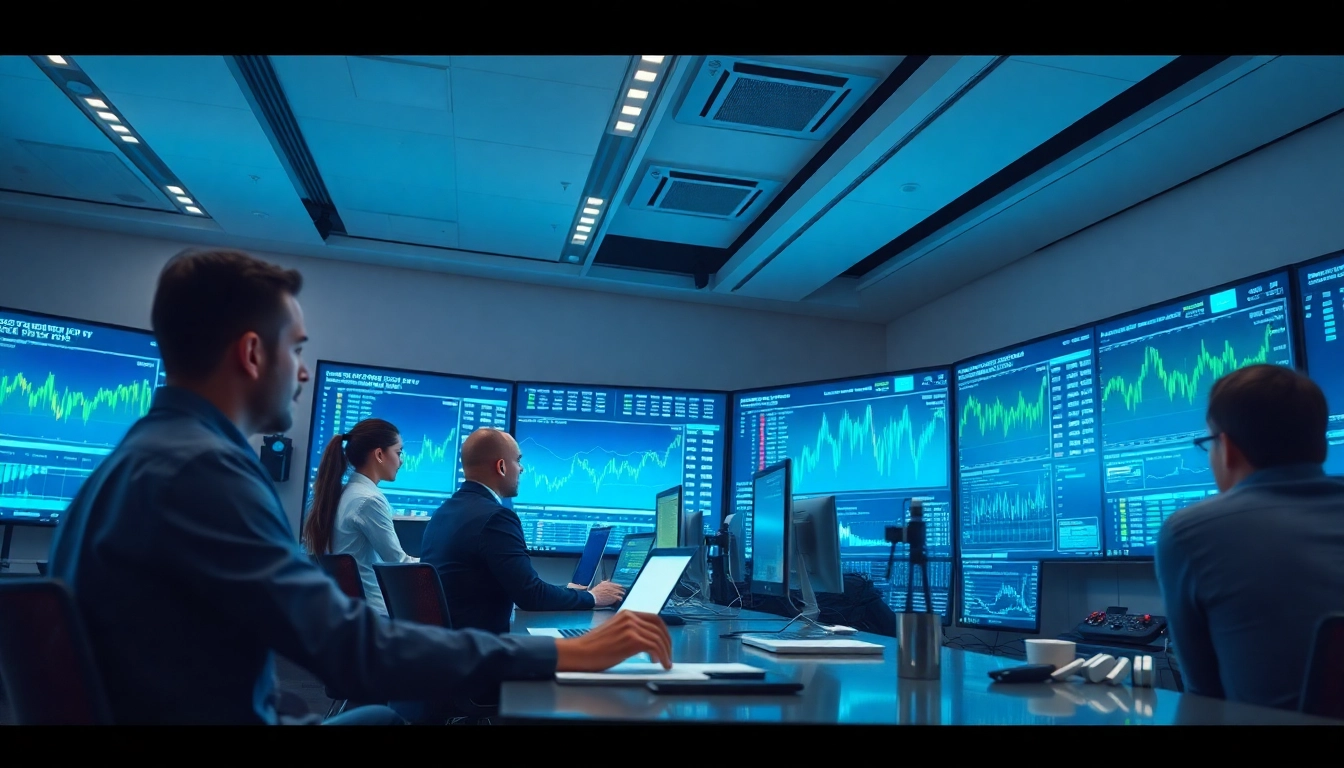 Traders analyzing financial data using the quantum ai canada app in a modern office setting.