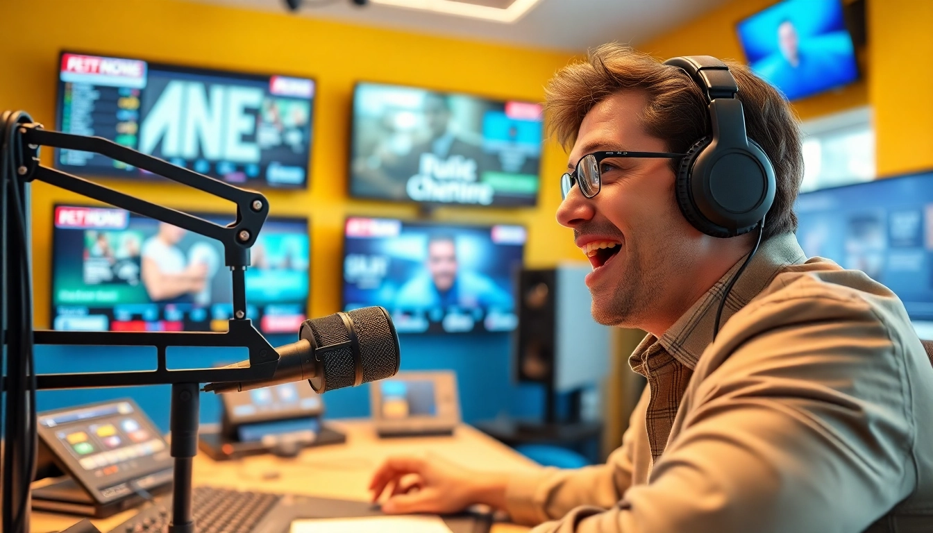 Engaging host at WRNJ Radio studio, showcasing vibrant setup for dynamic listener interactions.