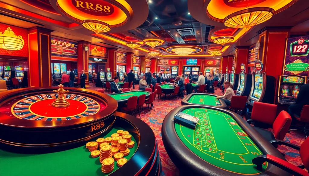 RR88 players enjoying an exciting game of poker at a luxurious casino table.
