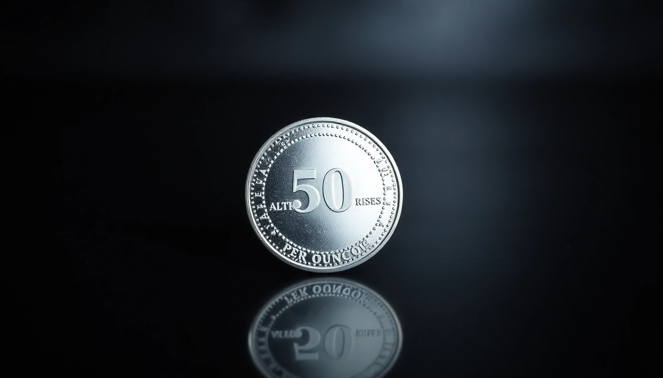 Examine the price of silver per ounce represented by a gleaming silver coin on a dark surface.