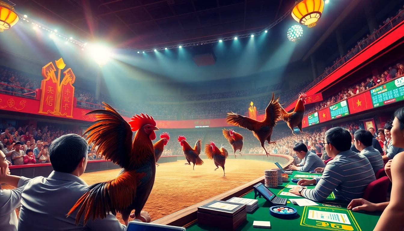 Watch an electrifying Đá gà Thomo match, showcasing the excitement and betting action in a lively casino atmosphere.