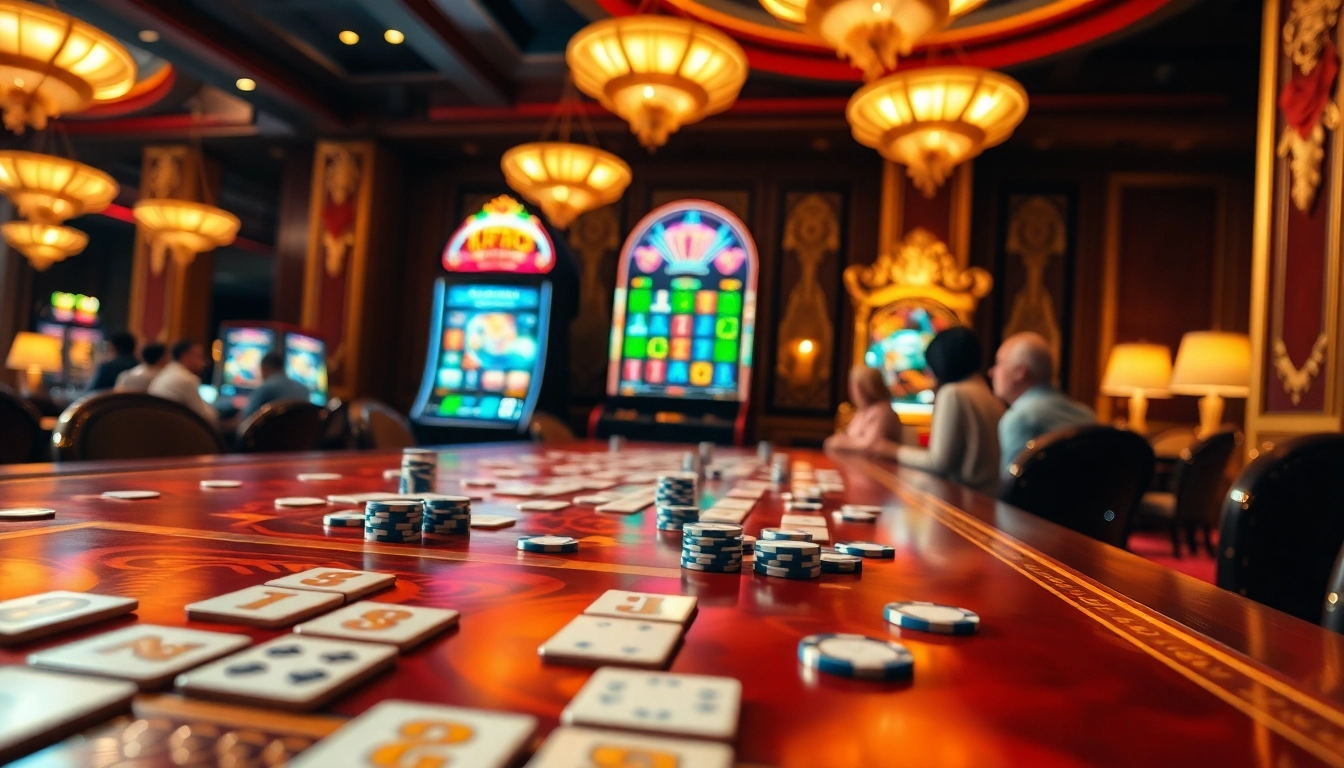 Experience mahjong ways 2 gameplay at a luxurious casino table with vibrant slot machines.