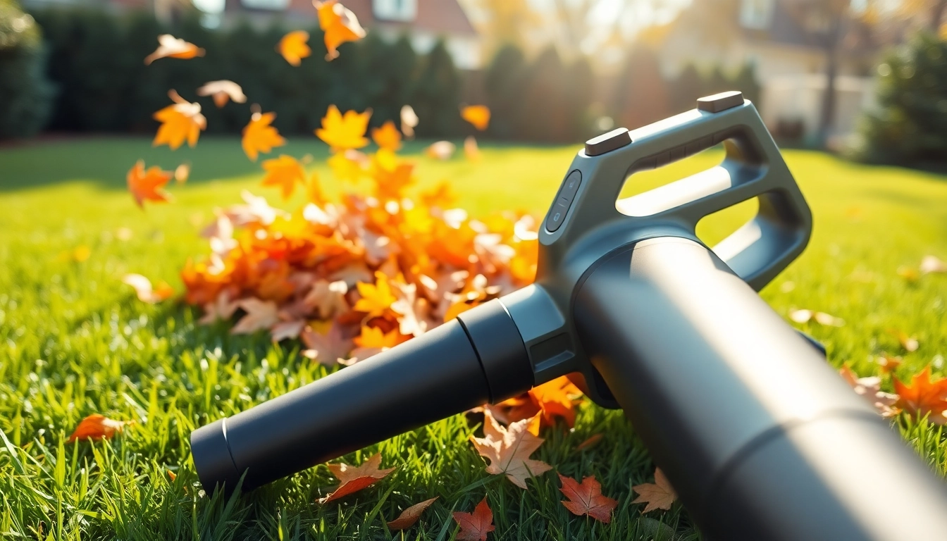 Electric leaf blower efficiently clearing autumn leaves on a sunny lawn.
