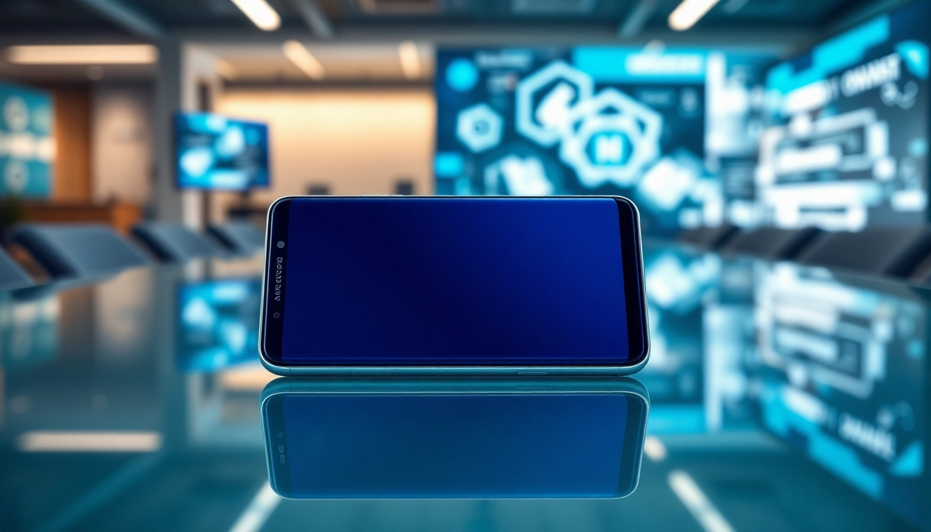 The Samsung Galaxy S8 showcased on a modern conference table, emphasizing its sleek design and vibrant display.