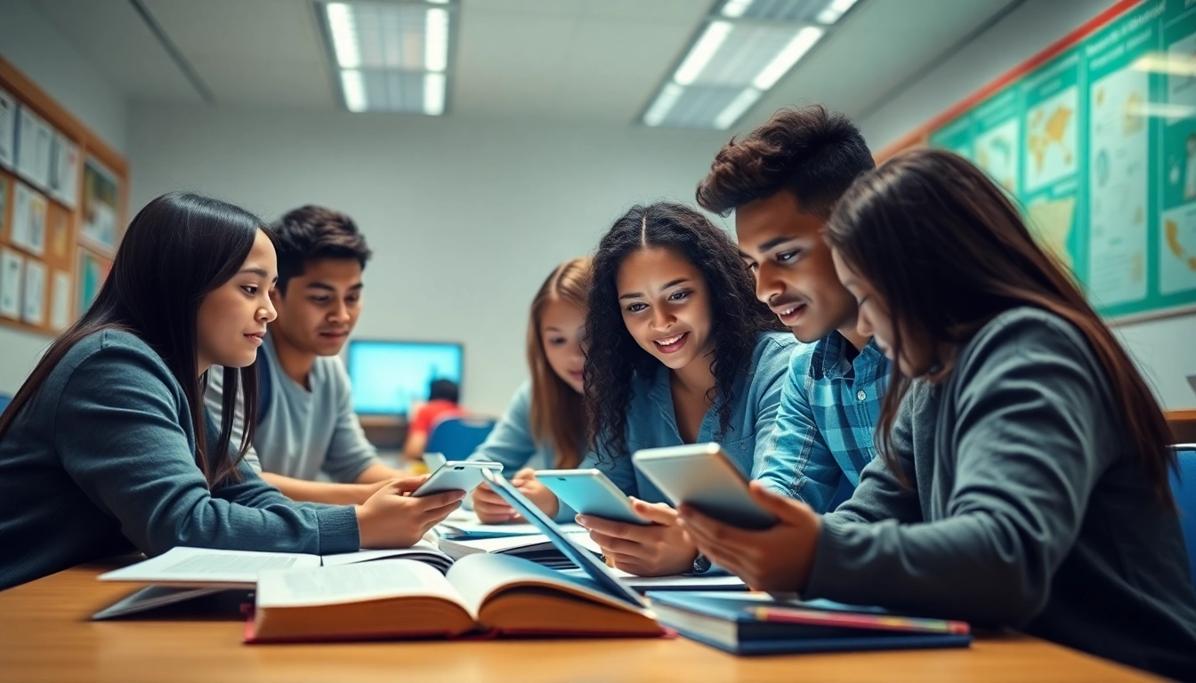 Education-focused classroom with diverse students engaged in collaborative learning activities.