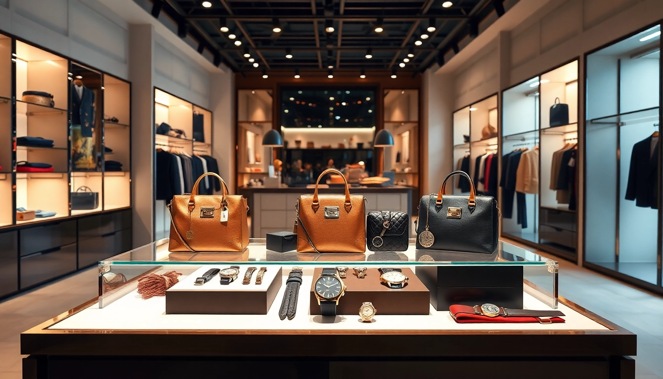명품 이미테이션 제품을 매력적으로 전시한 고급 부티크의 이미지입니다.