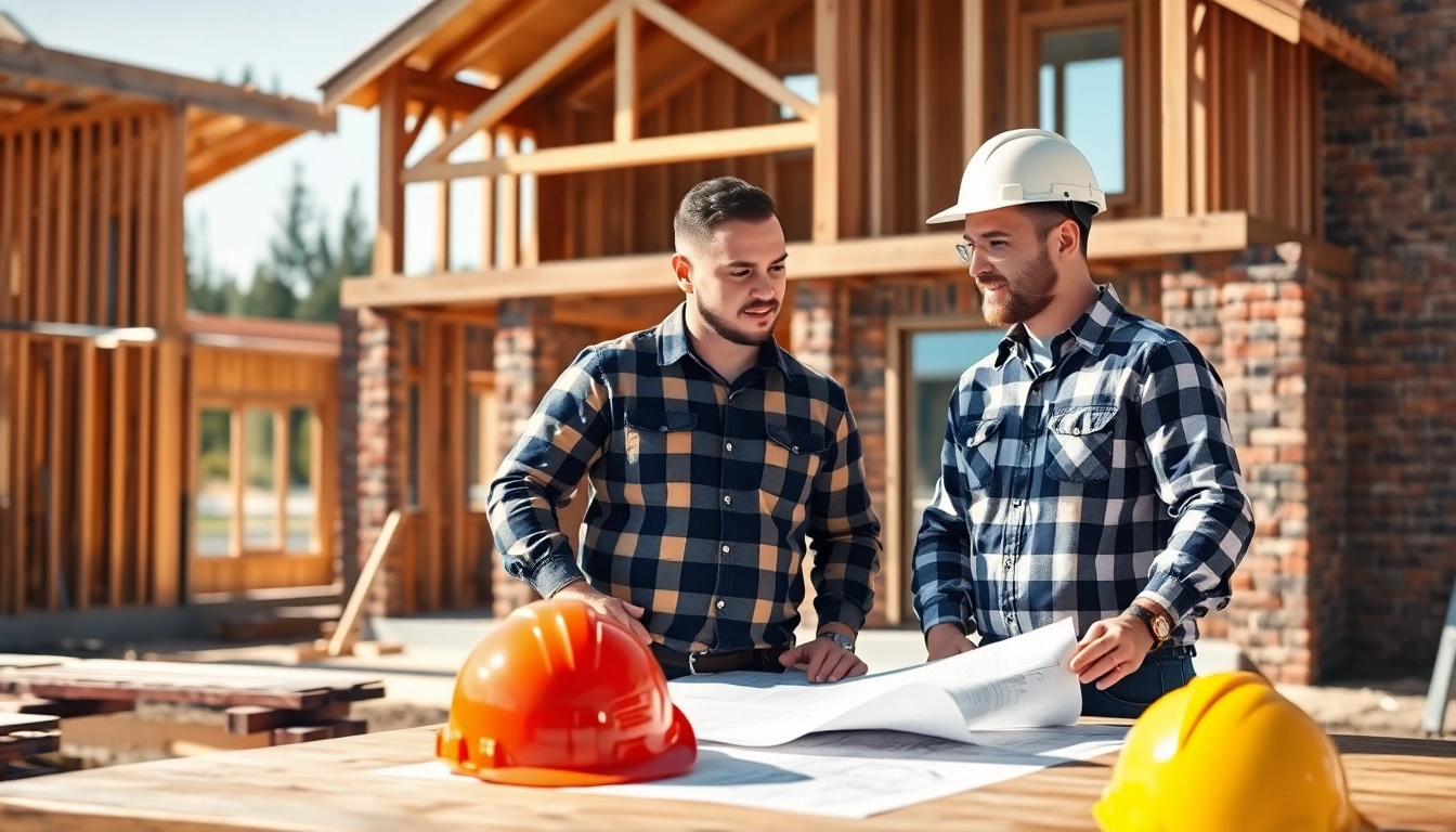 Builders examining plans at a construction site emphasizing the Texas association of builders.