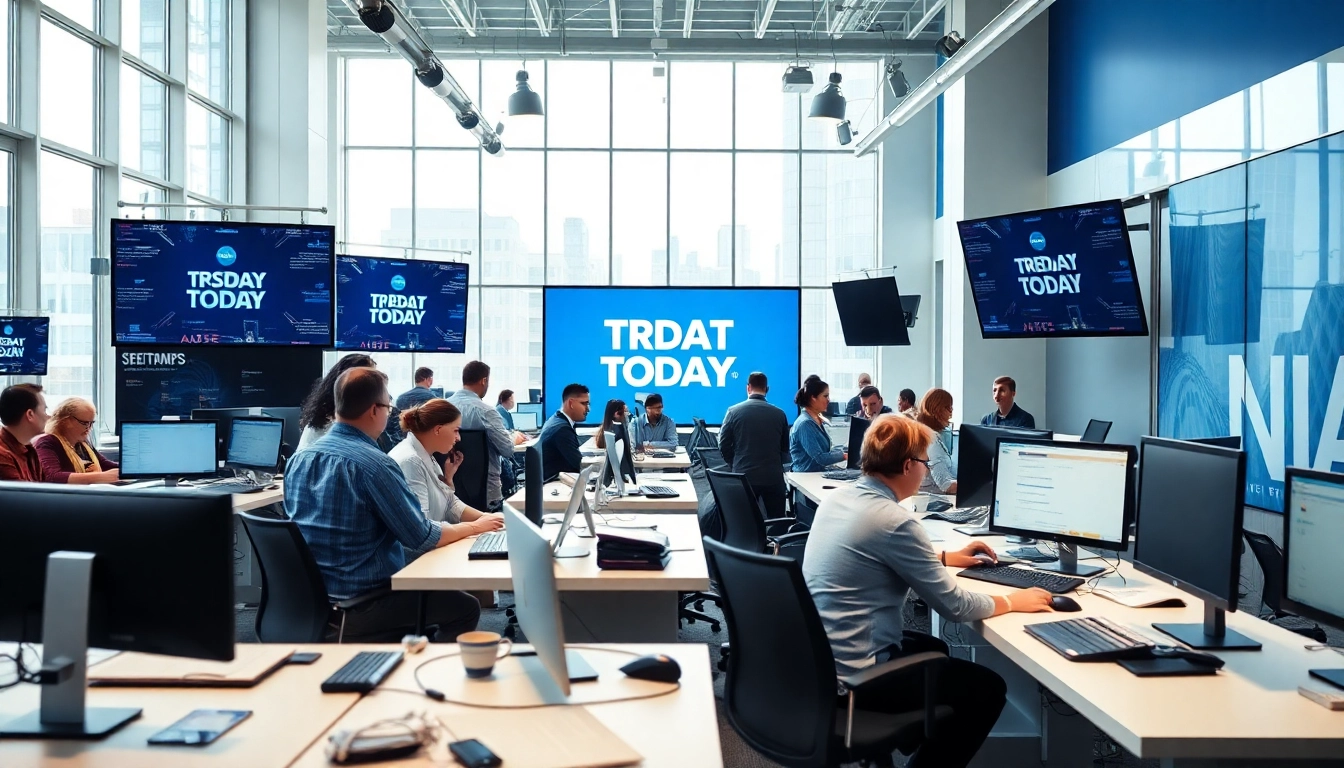 Engaged journalists working in a USA Today editorial office, showcasing vibrant news activity.