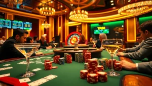 TR88 casino scene showcasing vibrant poker tables and roulette games for gamblers.