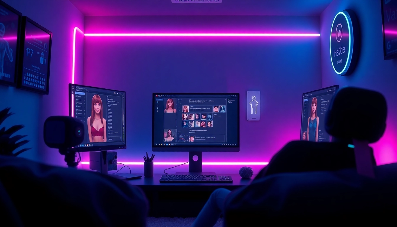 Engaging NSFW AI interaction scene with a futuristic chatbot interface