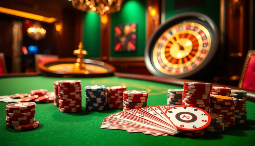 Experience LUCKYWIN excitement with vibrant poker chips and a roulette wheel on a casino table.
