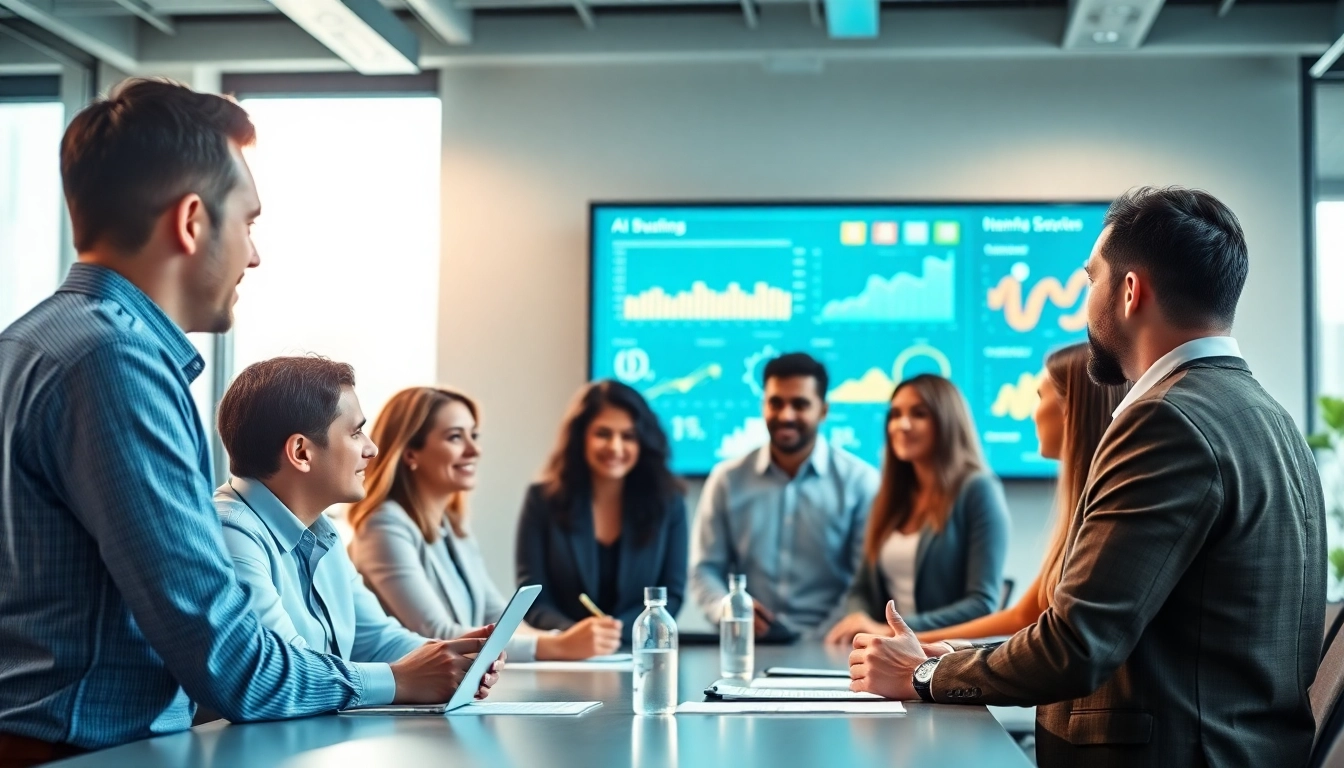 Engaged team discussing SME AI consulting services strategies in a modern office environment.