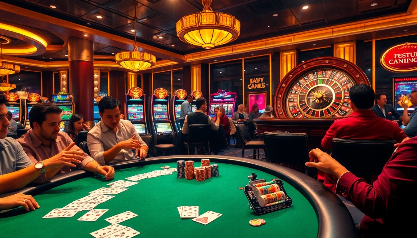 The excitement of gambling at https://www.bdtk66.one/ with players engaged at a poker table and vibrant slot machines.