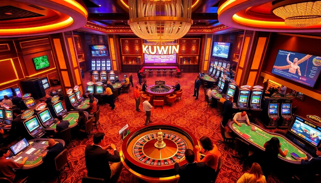 KUWIN casino atmosphere with players at roulette and poker tables, bright slot machines.