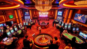 KUWIN casino atmosphere with players at roulette and poker tables, bright slot machines.