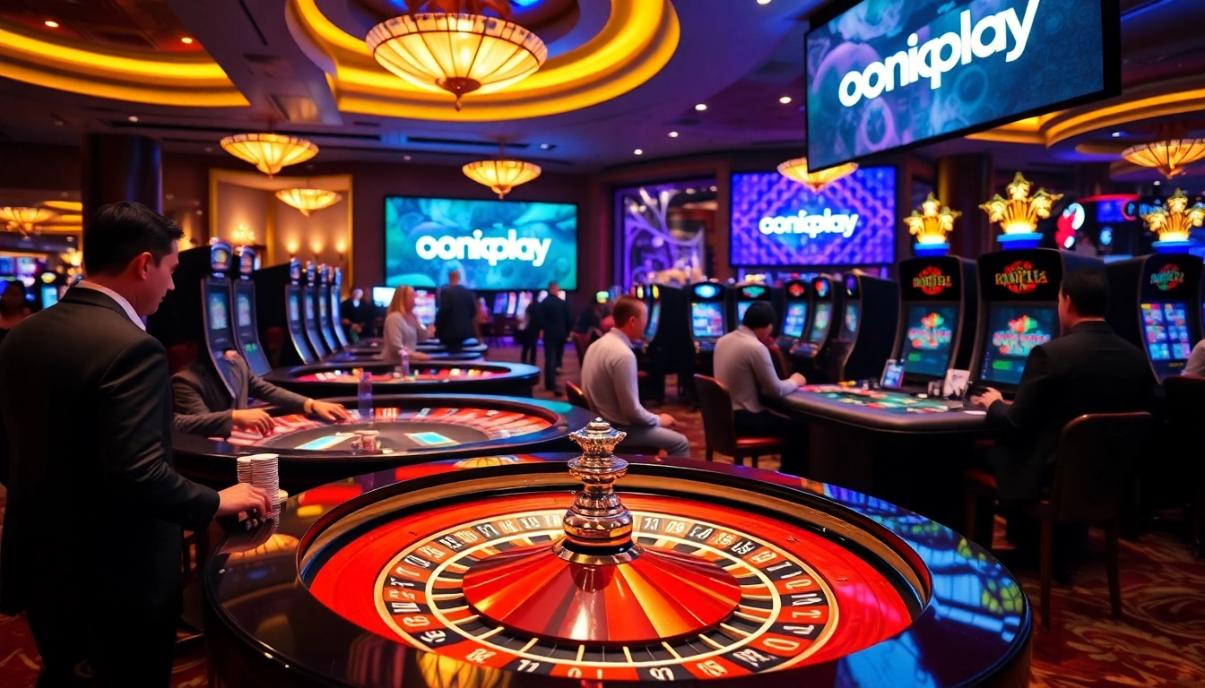 Engage with onicplay's thrilling casino games, including roulette and slots, in a vibrant setting.