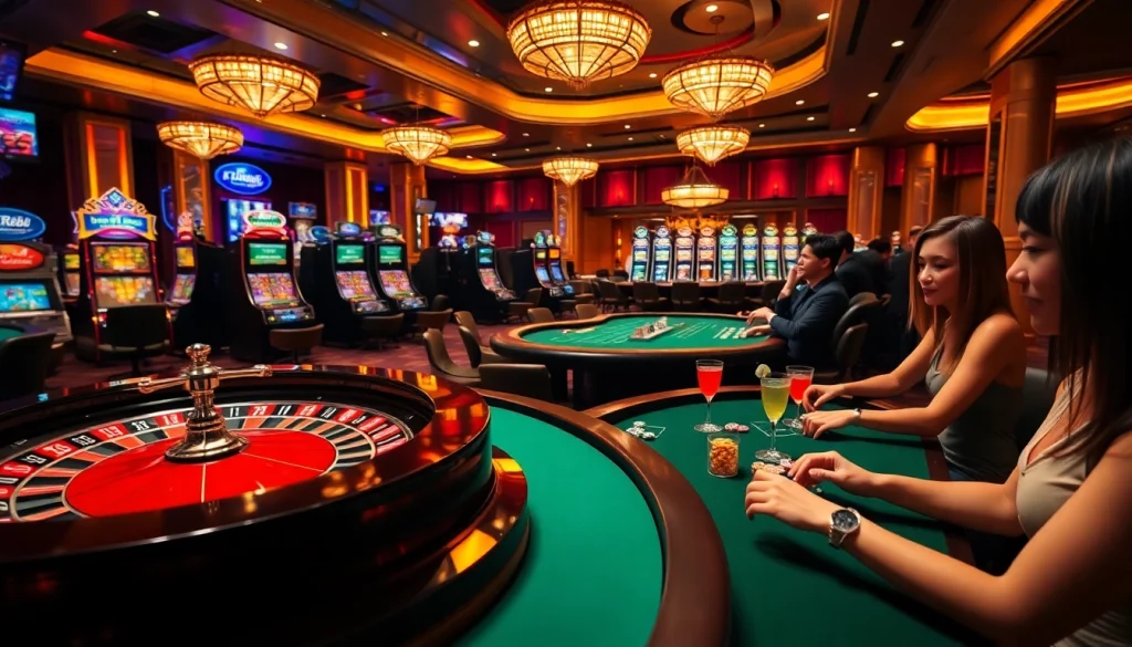 Experience the thrill of RR88 with players enjoying a luxurious casino atmosphere showcasing roulette and slot machines.