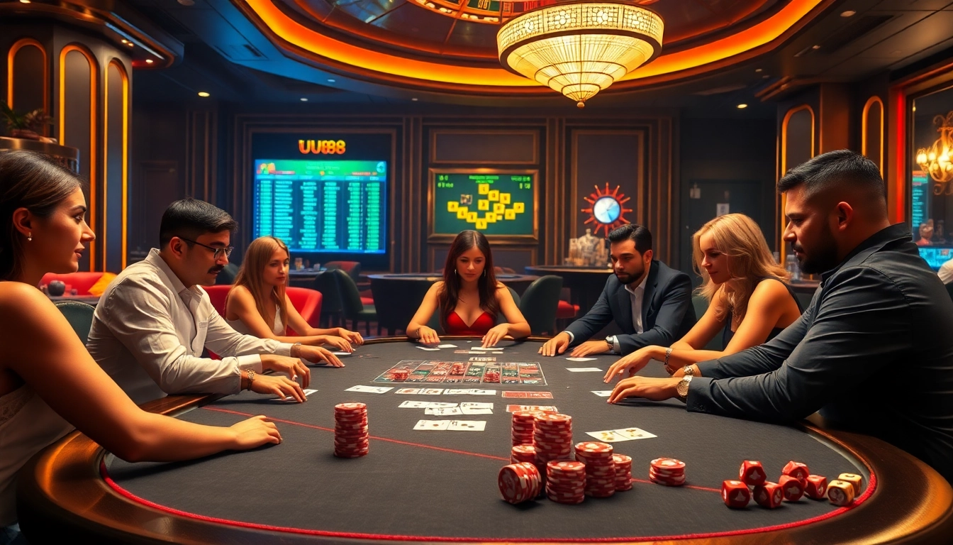Players at a luxurious poker table experiencing the excitement of gambling on uu88.