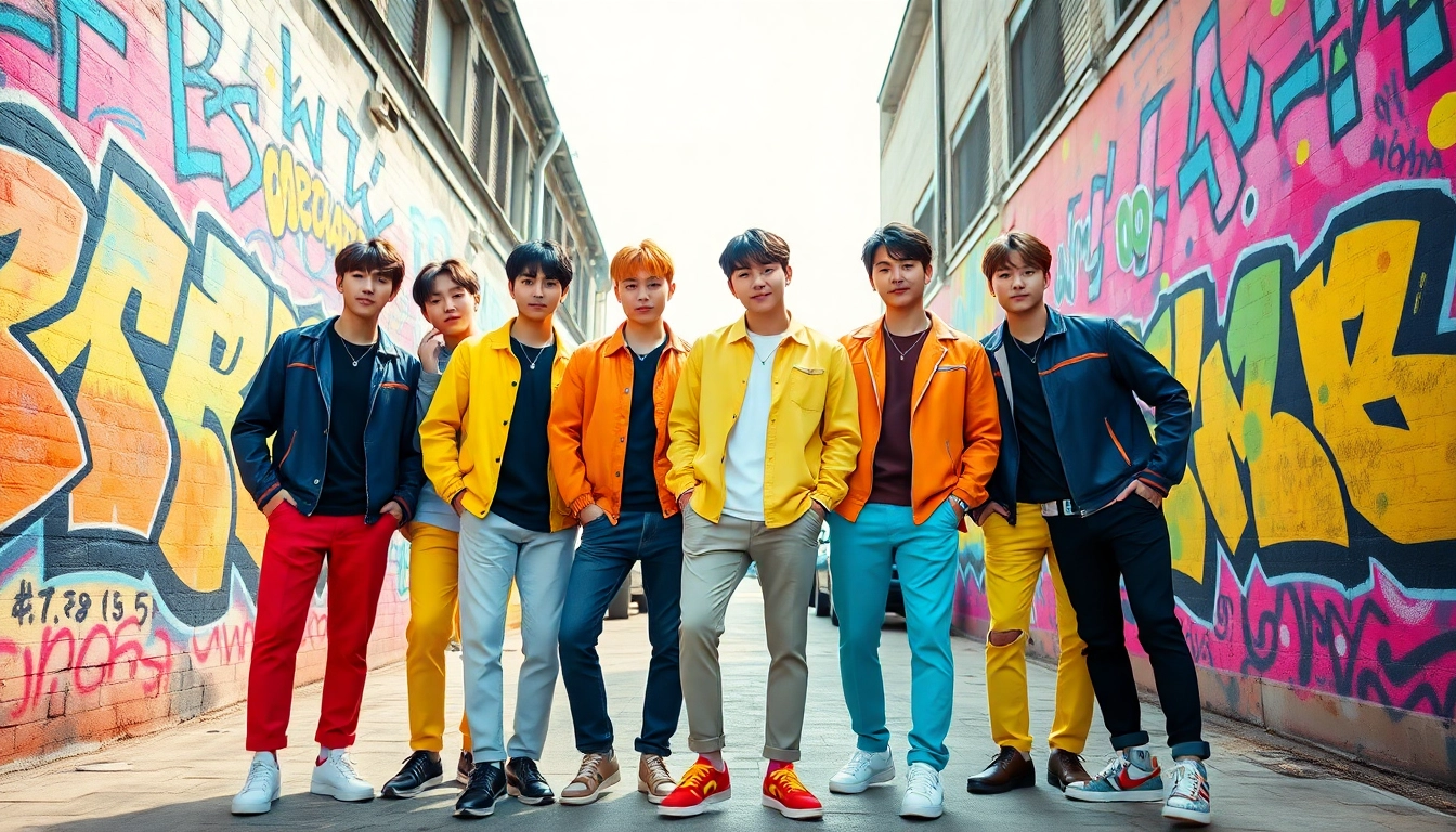 BTS members in a vibrant setting, showcasing their energy and individuality in lively poses.