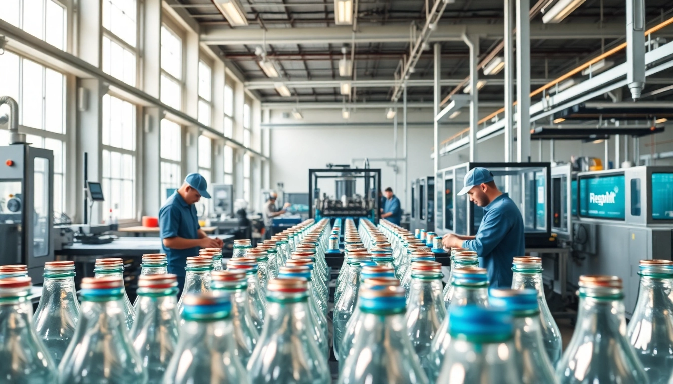 Plastic bottle producers efficiently working in a sleek manufacturing facility.